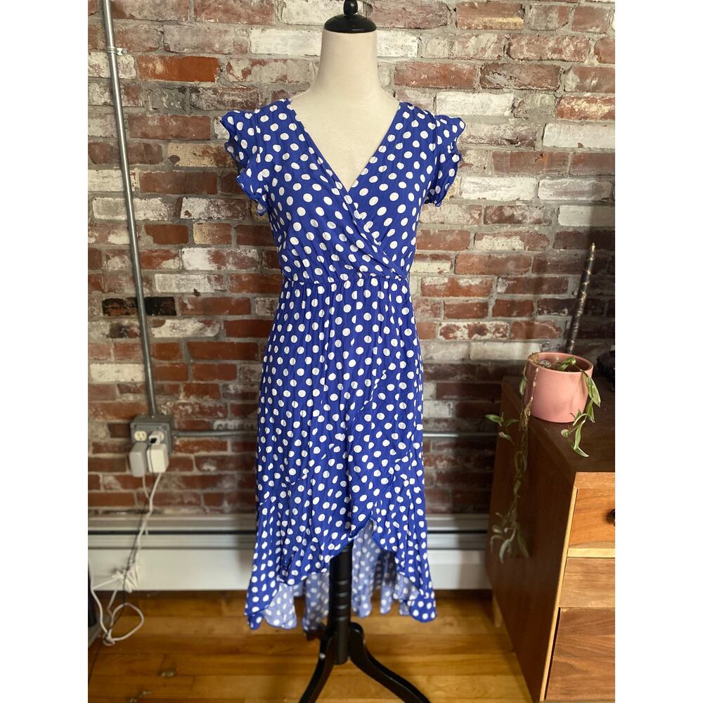 GRECERELLE Blue Polka Dot High-Low Faux Wrap Dress Size S
